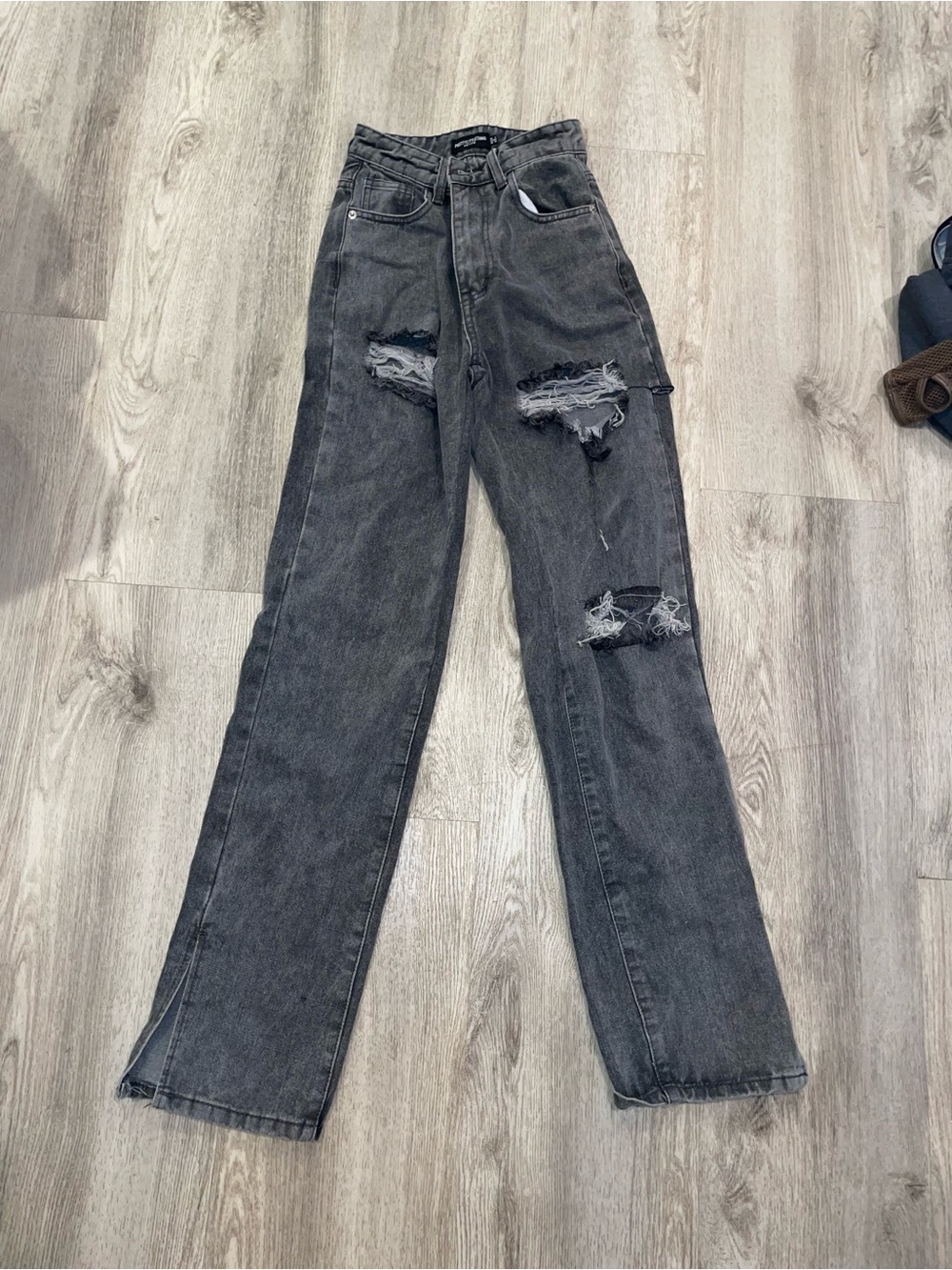 PrettyLittleThing Washed Black Distressed Straight Leg Jeans